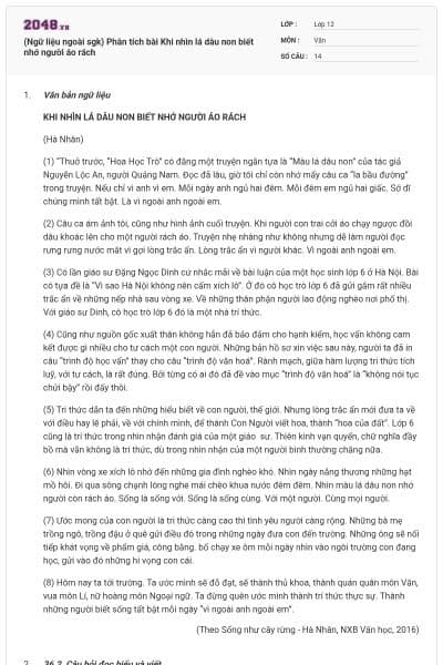 (Ngữ liệu ngoài sgk) Phân tích bài Khi nhìn lá dâu non biết nhớ người áo rách