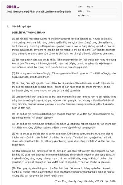 (Ngữ liệu ngoài sgk) Phân tích bài Lớn lên và trưởng thành