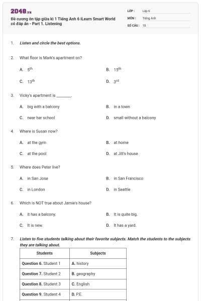 Đề cương ôn tập giữa kì 1 Tiếng Anh 6 iLearn Smart World có đáp án - Part 1. Listening