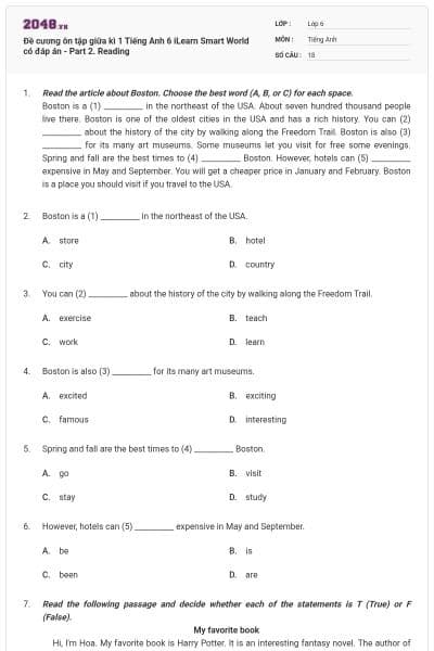 Đề cương ôn tập giữa kì 1 Tiếng Anh 6 iLearn Smart World có đáp án - Part 2. Reading