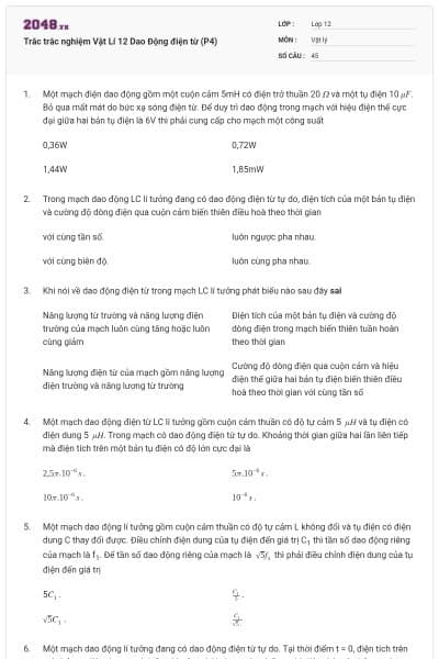 Trắc trắc nghiệm Vật Lí 12 Dao Động điện từ (P4)