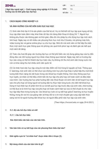 ( Ngữ liệu ngoài sgk ) - Cách mạng công nghiệp 4.0 Và ảnh hưởng của nó đến giáo dục đại học