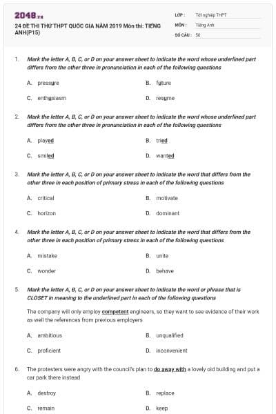 24 ĐỀ THI THỬ THPT QUỐC GIA NĂM 2019 Môn thi: TIẾNG ANH(P15)