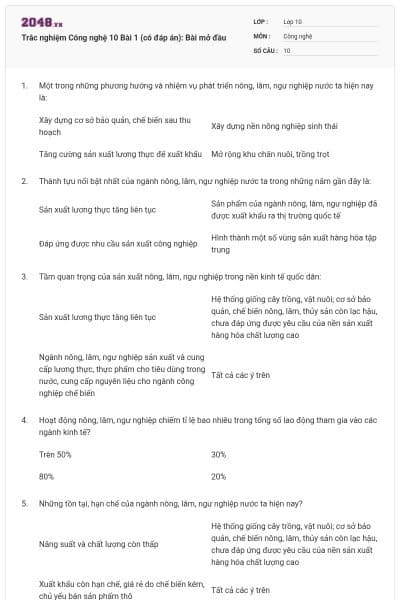 Trắc nghiệm Công nghệ 10 Bài 1 (có đáp án): Bài mở đầu