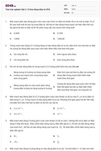 Trắc trắc nghiệm Vật Lí 12 Dao Động điện từ (P4)