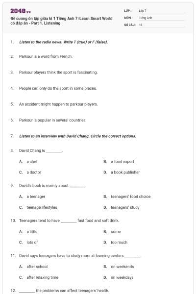 Đề cương ôn tập giữa kì 1 Tiếng Anh 7 iLearn Smart World có đáp án - Part 1. Listening