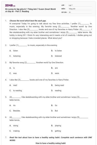 Đề cương ôn tập giữa kì 1 Tiếng Anh 7 iLearn Smart World có đáp án - Part 2. Reading