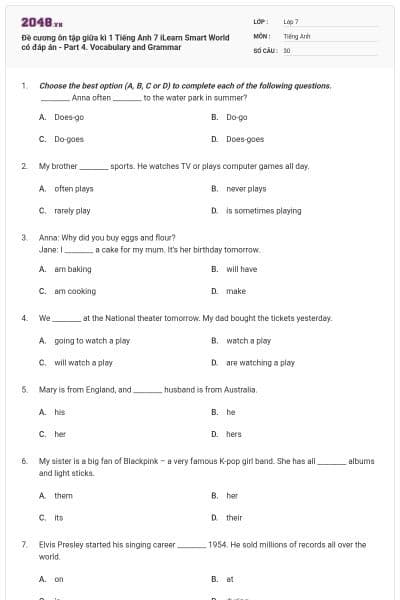 Đề cương ôn tập giữa kì 1 Tiếng Anh 7 iLearn Smart World có đáp án - Part 4. Vocabulary and Grammar