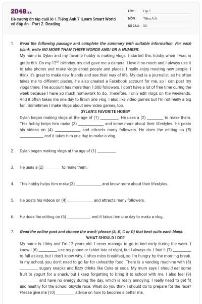 Đề cương ôn tập cuối kì 1 Tiếng Anh 7 iLearn Smart World có đáp án - Part 2. Reading