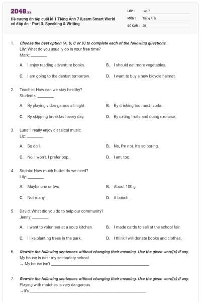 Đề cương ôn tập cuối kì 1 Tiếng Anh 7 iLearn Smart World có đáp án - Part 3. Speaking & Writing