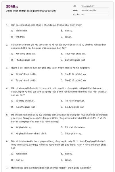 30 Đề luyện thi thpt quốc gia môn GDCD (Đề 20)