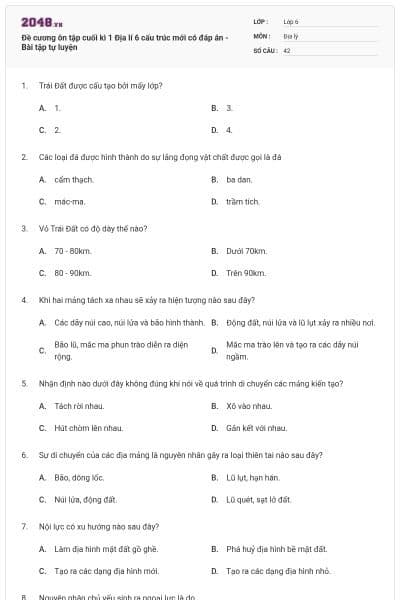Đề cương ôn tập cuối kì 1 Địa lí 6 cấu trúc mới có đáp án - Bài tập tự luyện