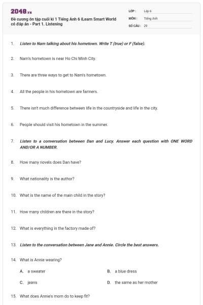 Đề cương ôn tập cuối kì 1 Tiếng Anh 6 iLearn Smart World có đáp án -  Part 1. Listening