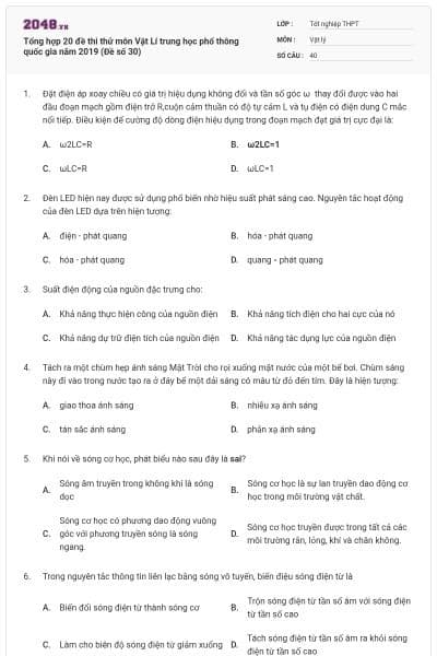 Tổng hợp 20 đề thi thử môn Vật Lí trung học phổ thông quốc gia năm 2019 (Đề số 30)