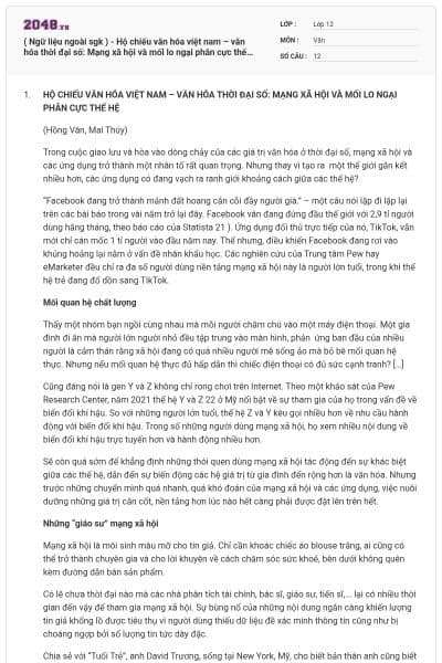 ( Ngữ liệu ngoài sgk ) - Hộ chiếu văn hóa việt nam – văn hóa thời đại số: Mạng xã hội và mối lo ngại phân cực thế hệ