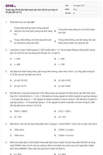 Tuyển tập đề thi thử thpt quốc gia môn Vật lý cực hay có lời giải (Đề số 21)