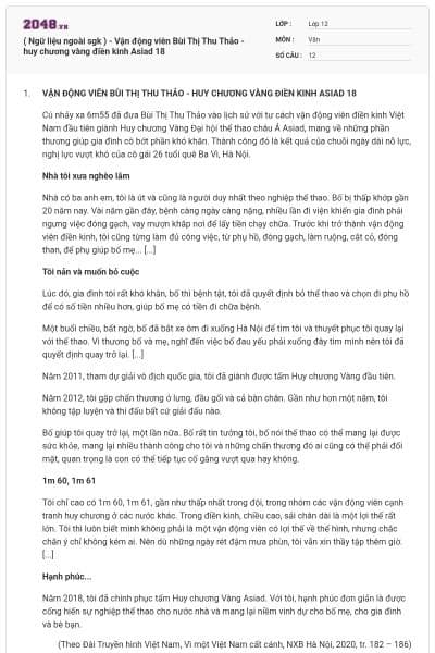 ( Ngữ liệu ngoài sgk ) - Vận động viên Bùi Thị Thu Thảo - huy chương vàng điền kinh Asiad 18