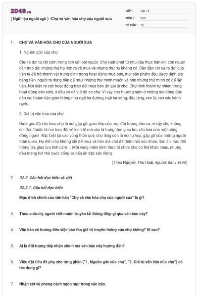 ( Ngữ liệu ngoài sgk ) -Chợ và văn hóa chợ của người xưa