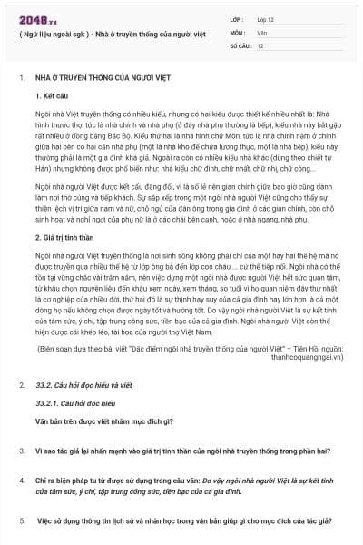 ( Ngữ liệu ngoài sgk ) - Nhà ở truyền thống của người việt