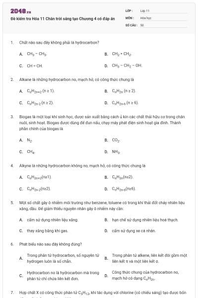 Đề kiểm tra Hóa 11 Chân trời sáng tạo Chương 4 có đáp án