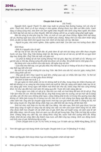 (Ngữ liệu ngoài sgk) Chuyện tình ở lan trì