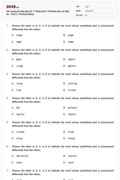 Đề cương ôn tập giữa kì 1 Tiếng Anh 7 Friends plus có đáp án - Part 2. Pronunciation