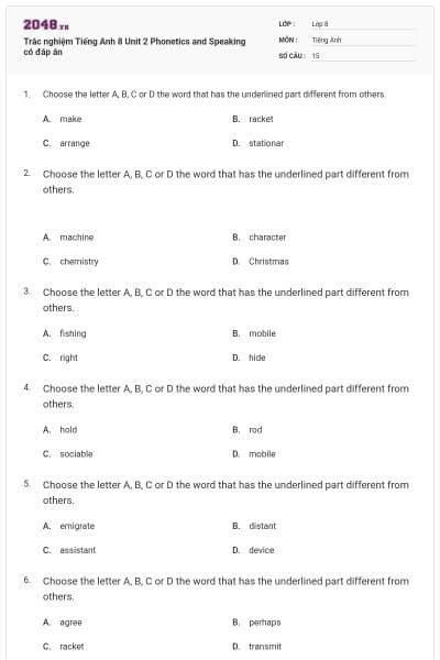 Trắc nghiệm Tiếng Anh 8 Unit 2 Phonetics and Speaking có đáp án