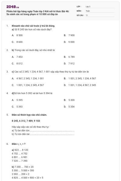 Phiếu bài tập hàng ngày Toán lớp 3 Kết nối tri thức Bài 46: So sánh các số trong phạm vi 10 000 có đáp án