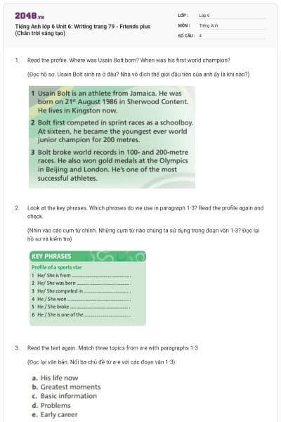 Tiếng Anh lớp 6 Unit 6: Writing trang 79 - Friends plus (Chân trời sáng tạo)