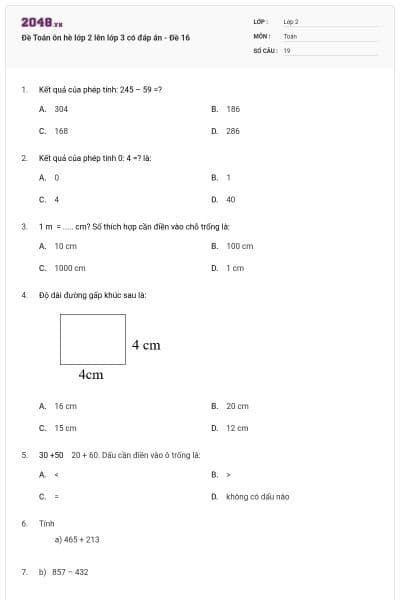 Đề Toán ôn hè lớp 2 lên lớp 3 có đáp án - Đề 16
