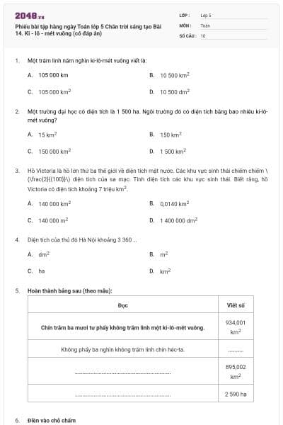 Phiếu bài tập hàng ngày Toán lớp 5 Chân trời sáng tạo Bài 14. Ki - lô - mét vuông (có đáp án)