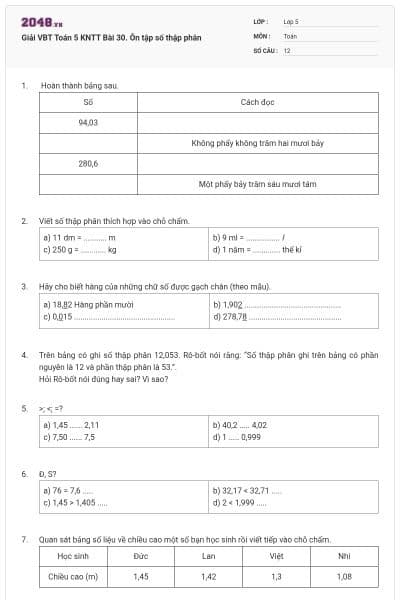 Giải VBT Toán 5 KNTT Bài 30. Ôn tập số thập phân