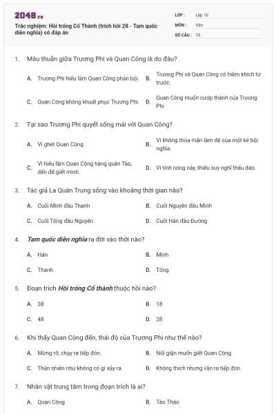 Trắc nghiệm: Hồi trống Cổ Thành (trích hồi 28 - Tam quốc diễn nghĩa) có đáp án