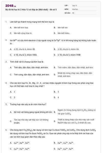 Bộ đề thi học kì 2 Hóa 12 có đáp án (Mới nhất) - Đề số 5