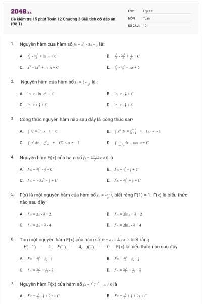 Đề kiểm tra 15 phút Toán 12 Chương 3 Giải tích có đáp án (Đề 1)