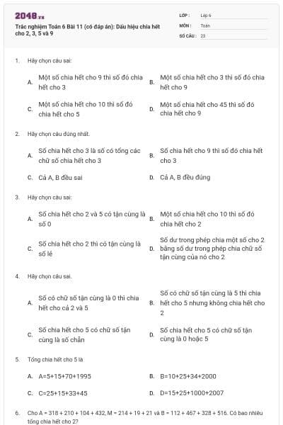 Trắc nghiệm Toán 6 Bài 11 (có đáp án): Dấu hiệu chia hết cho 2, 3, 5 và 9