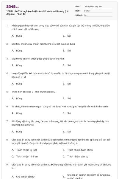1000+ câu Trắc nghiệm Luật và chính sách môi trường (có đáp án) - Phần 43