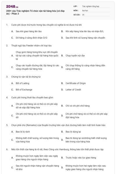 200+ câu Trắc nghiệm Tổ chức vận tải hàng hóa (có đáp án) - Phần 3