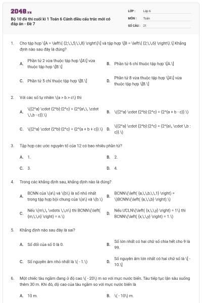 Bộ 10 đề thi cuối kì 1 Toán 6 Cánh diều cấu trúc mới có đáp án - Đề 7