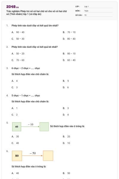 Trắc nghiệm Phép trừ số có hai chữ số cho số có hai chữ số (Tính nhẩm) lớp 1 (có đáp án)