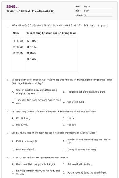Đề kiểm tra 1 tiết Địa Lí 11 có đáp án (Đề 42)