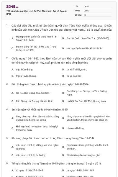 700 câu trắc nghiệm Lịch Sử Việt Nam hiện đại có đáp án (P8)