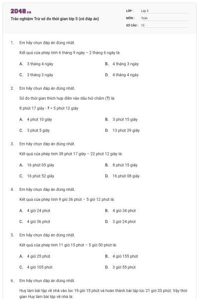 Trắc nghiệm Trừ số đo thời gian lớp 5 (có đáp án)