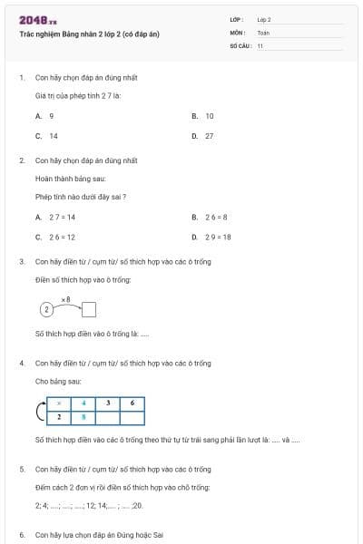 Trắc nghiệm Bảng nhân 2 lớp 2 (có đáp án)