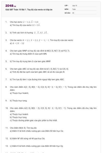 Giải SBT Toán 10 Bài 1. Toạ độ của vectơ có đáp án