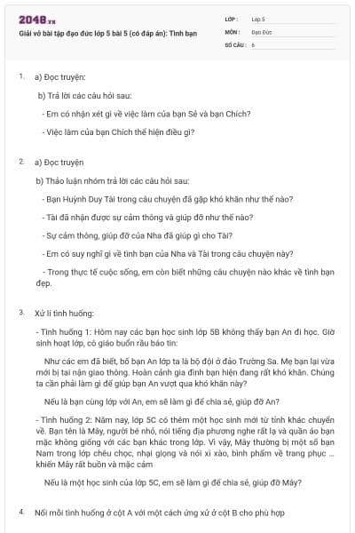 Giải vở bài tập đạo đức lớp 5 bài 5 (có đáp án): Tình bạn