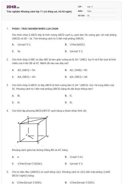 Trắc nghiệm Khoảng cách lớp 11 (có đúng sai, trả lời ngắn)