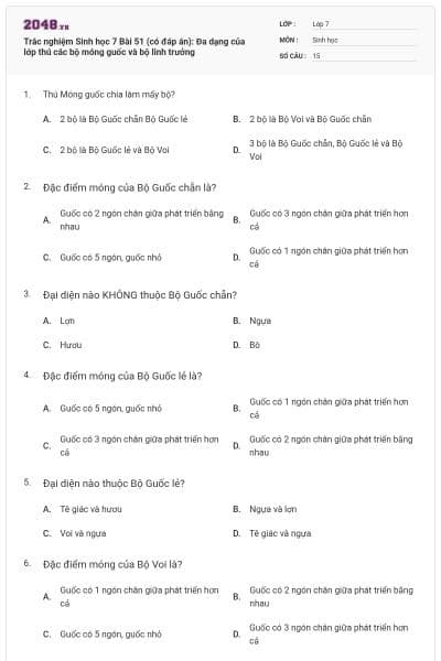 Trắc nghiệm Sinh học 7 Bài 51 (có đáp án): Đa dạng của lớp thú các bộ móng guốc và bộ linh trưởng