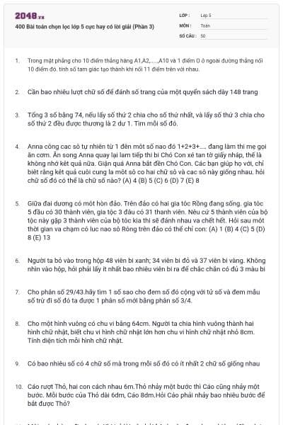 400 Bài toán chọn lọc lớp 5 cực hay có lời giải (Phần 3)