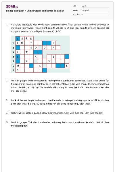 Bài tập Tiếng anh 7 Unit 2 Puzzles and games có đáp án